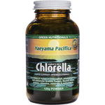 120g tub of Green Nutritionals Yaeyama Pacifica Chlorella Powder with green and white labels on a white background.
