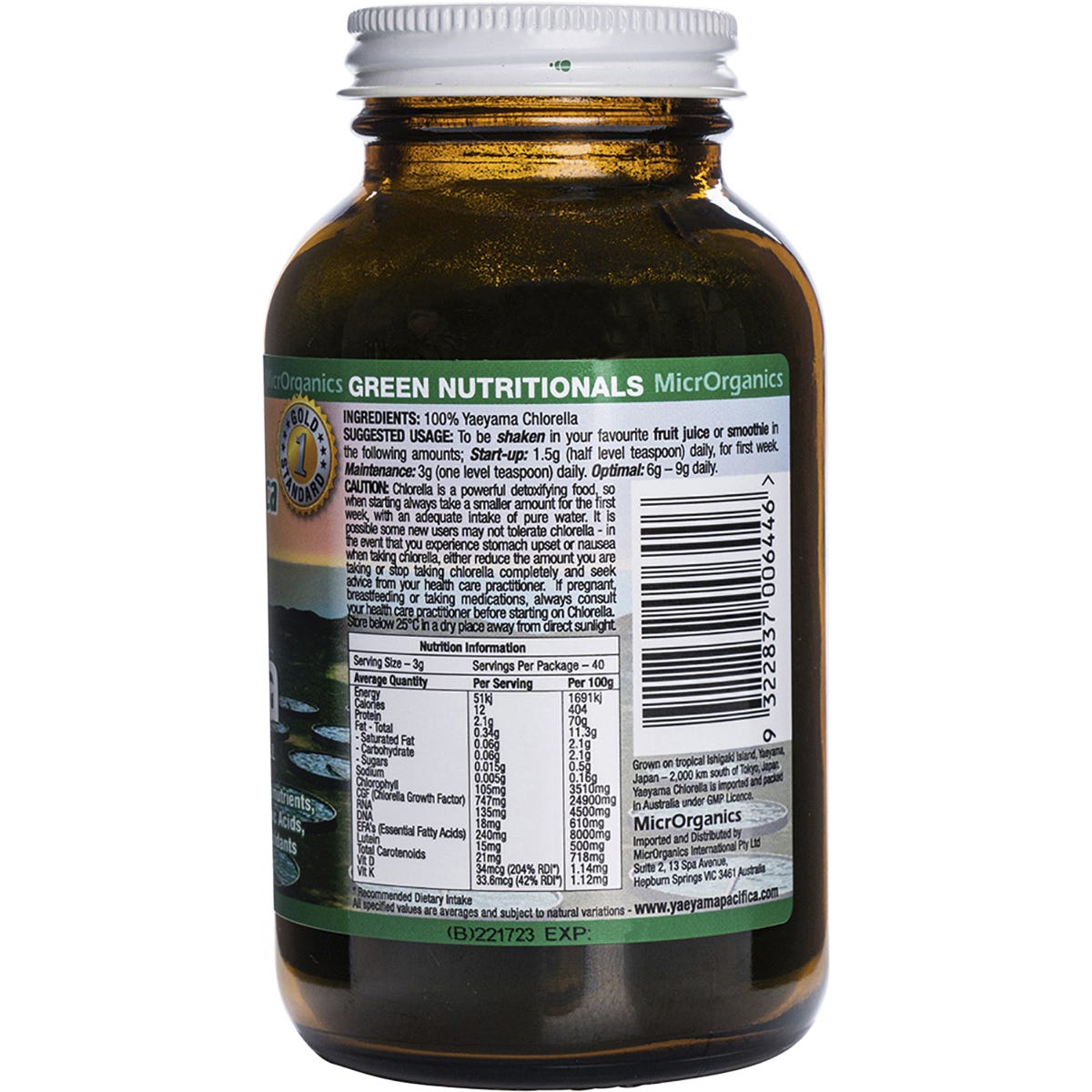 Back of Green Nutritionals Chlorella Powder 120g tub with nutrition facts, usage directions, and ingredients.