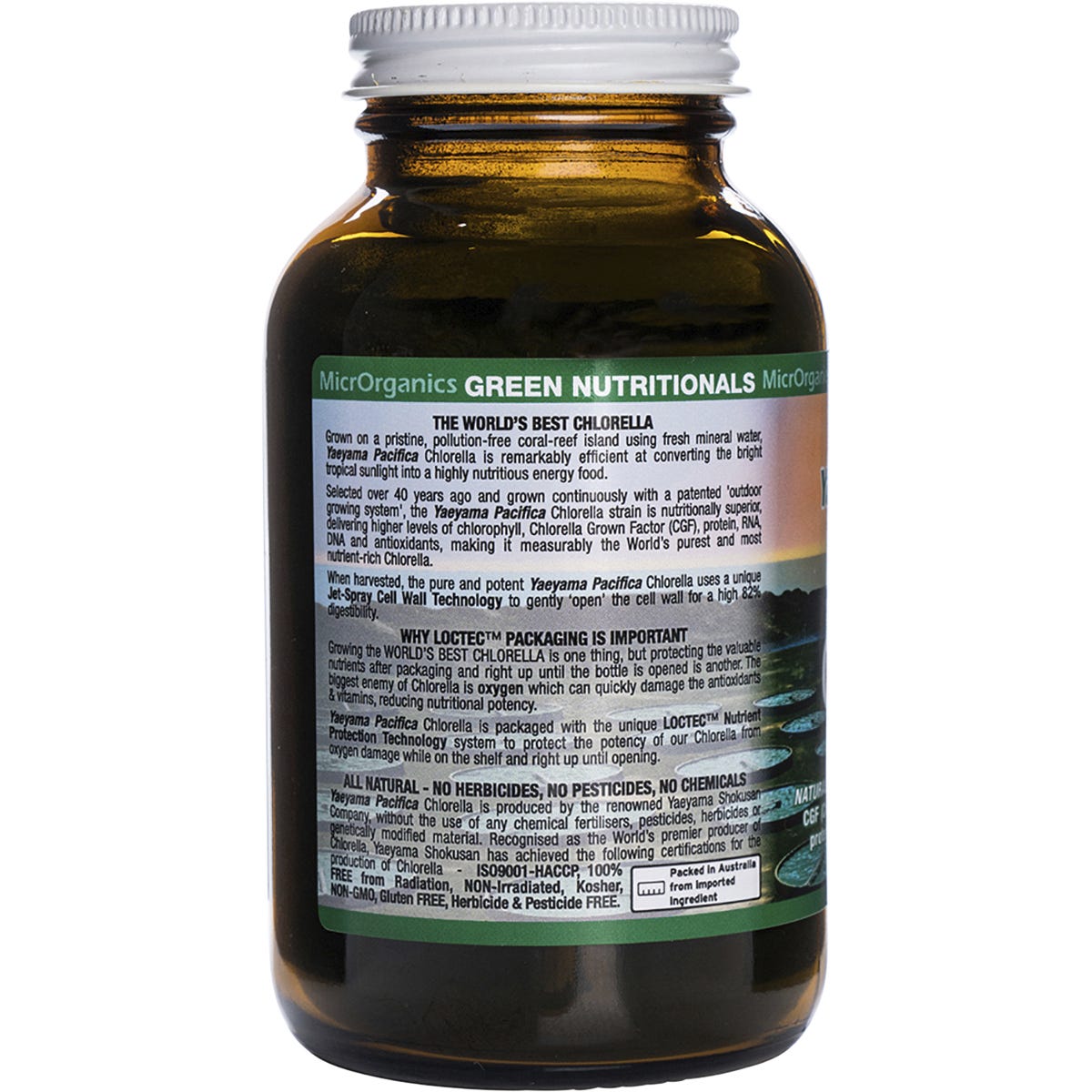 Side view of 120g Green Nutritionals Chlorella Powder tub highlighting product purity and a 100% natural logo.