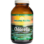 250g tub of Green Nutritionals Yaeyama Pacifica Chlorella Powder with a green label on a white background.