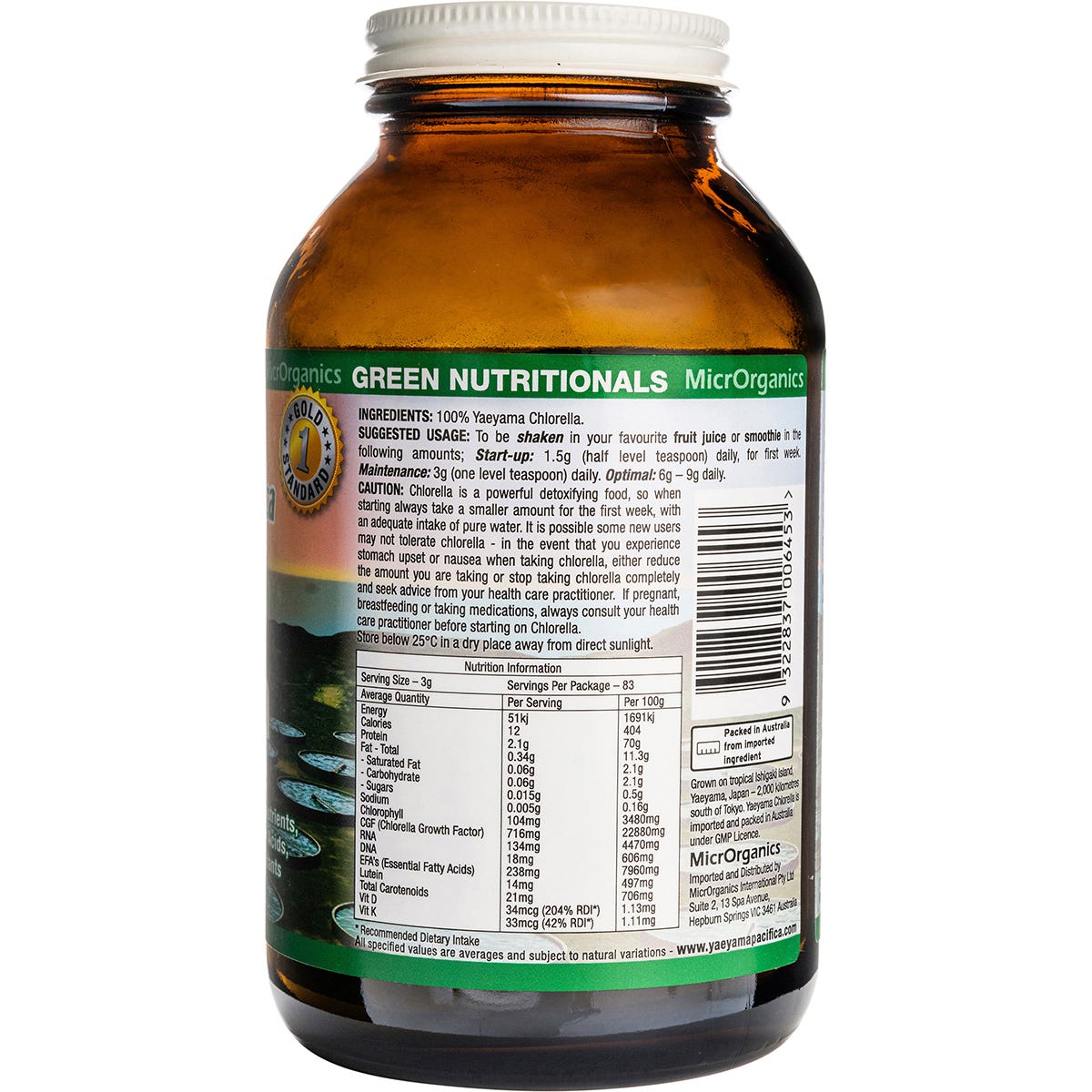 Side view of a 250g tub of Green Nutritionals Yaeyama Pacifica Chlorella Powder with a green and white label.