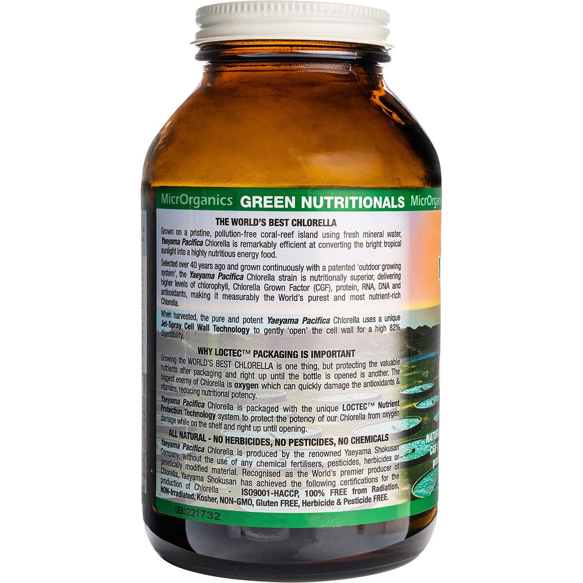 Right side of Green Nutritionals Chlorella Powder 250g tub showing product information and nutritional benefits.