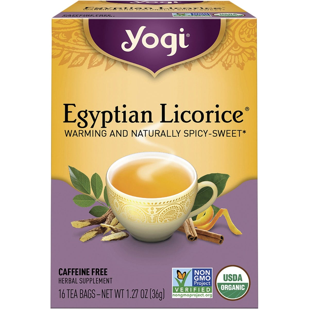 Box of 16 Yogi Egyptian Licorice herbal tea bags with warming cinnamon and zesty orange peel.