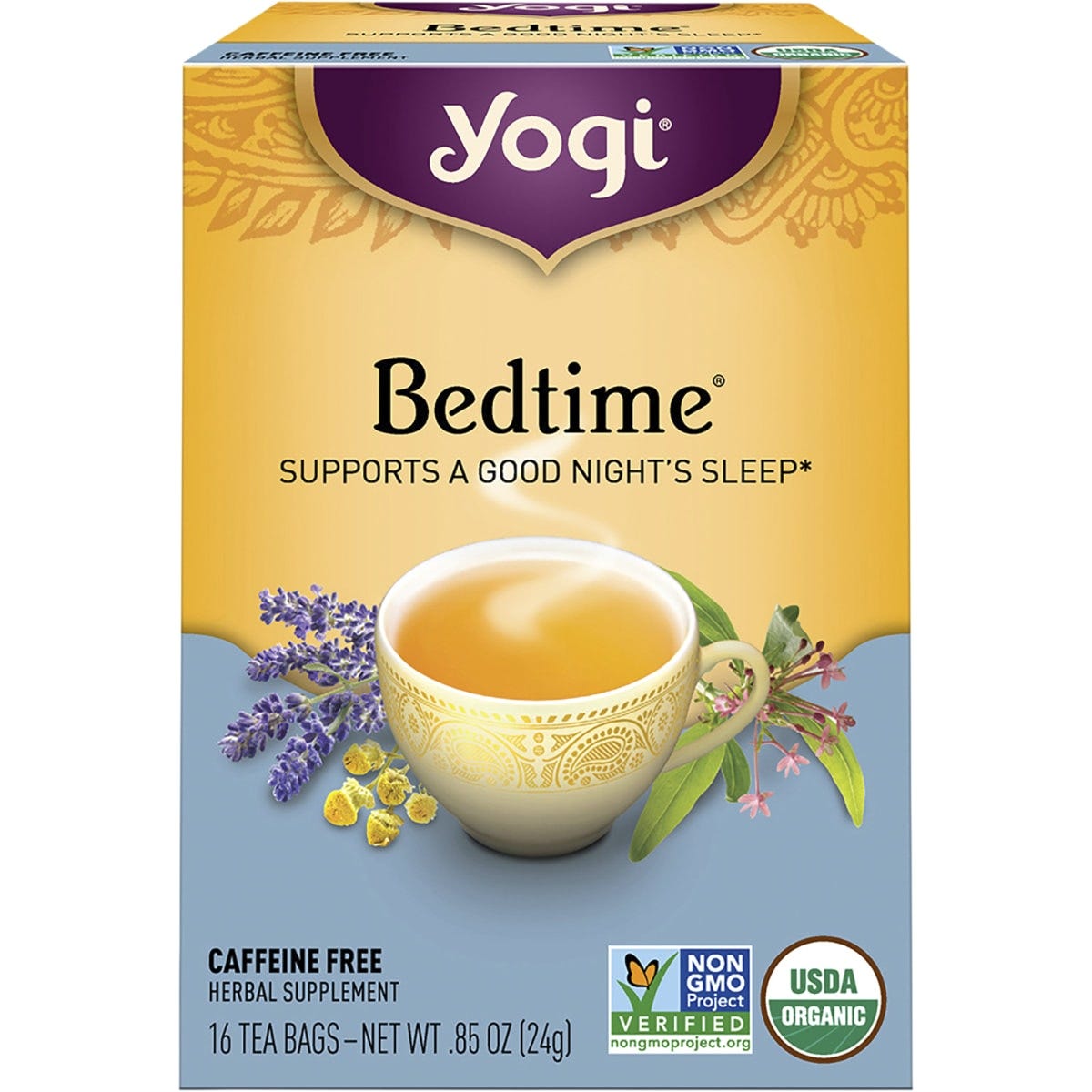 Box of Yogi Bedtime organic herbal tea containing 16 caffeine-free tea bags for sleep and relaxation support.