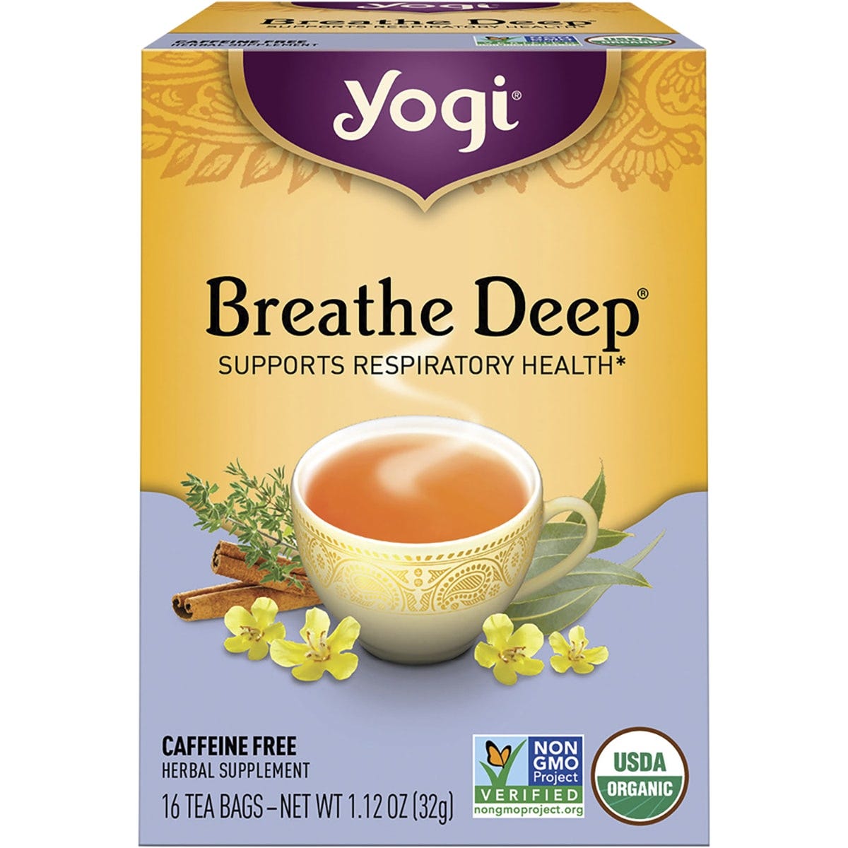 Yogi Breathe Deep herbal tea 16-pack box featuring eucalyptus, licorice, and thyme for respiratory support.