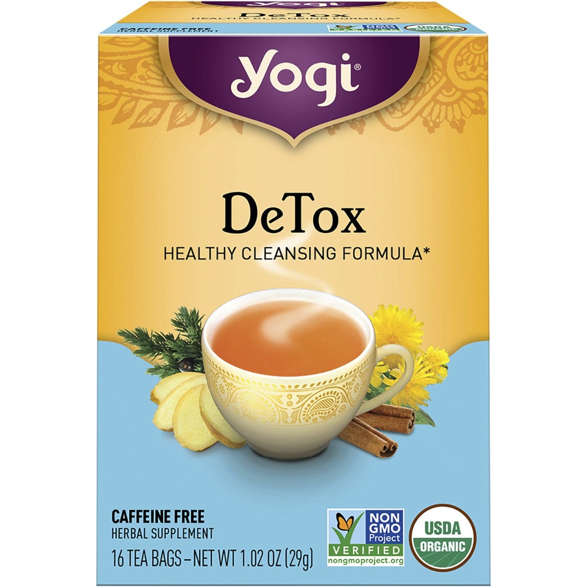 Box of Yogi DeTox tea featuring a 16-count pack of organic, caffeine-free herbal supplement tea bags.