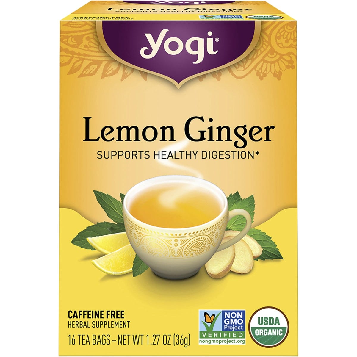 Box of 16 Yogi Lemon Ginger herbal tea bags, USDA Organic and caffeine-free, supporting healthy digestion.