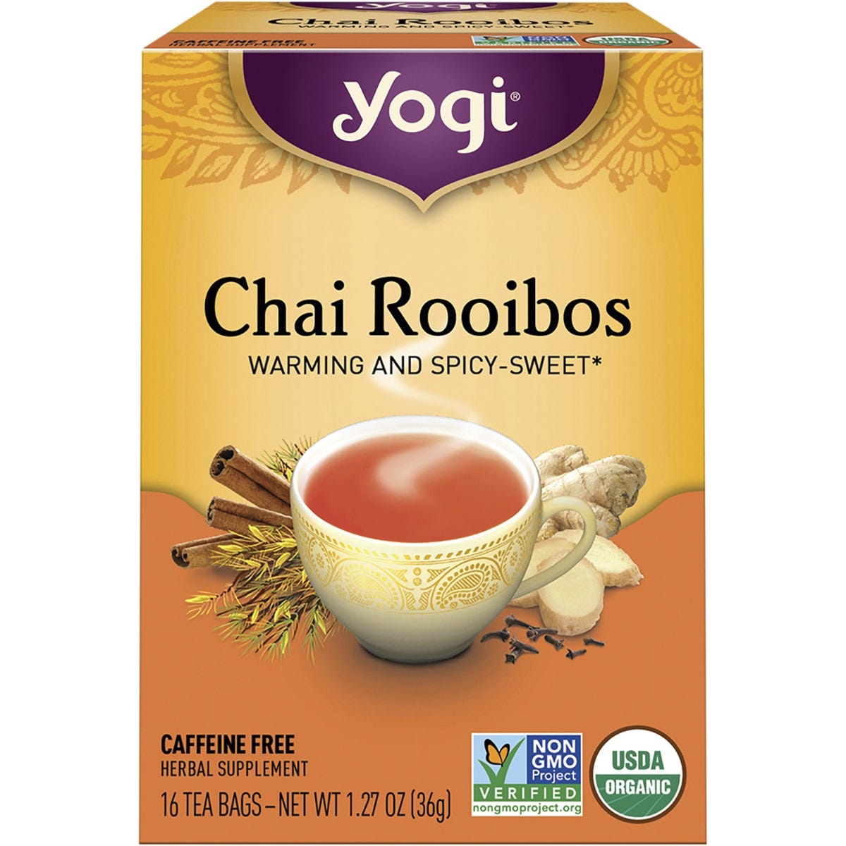 Box of Yogi Chai Rooibos herbal tea with 16 tea bags, featuring organic rooibos, cardamom, cinnamon, and cloves.