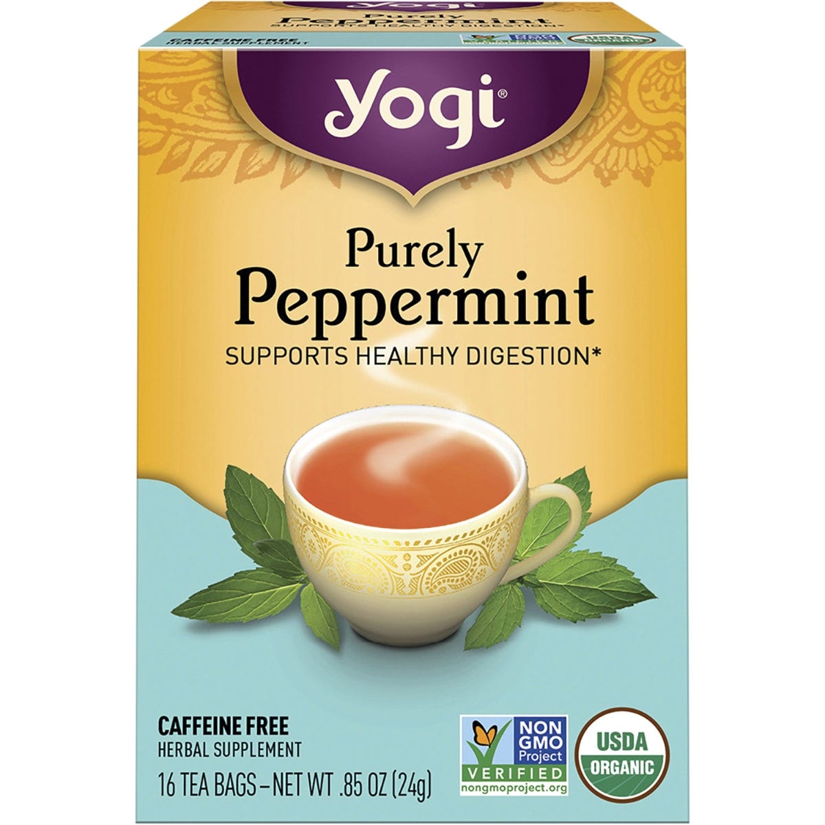 Box of 16 Yogi Purely Peppermint organic herbal tea bags for digestive support.