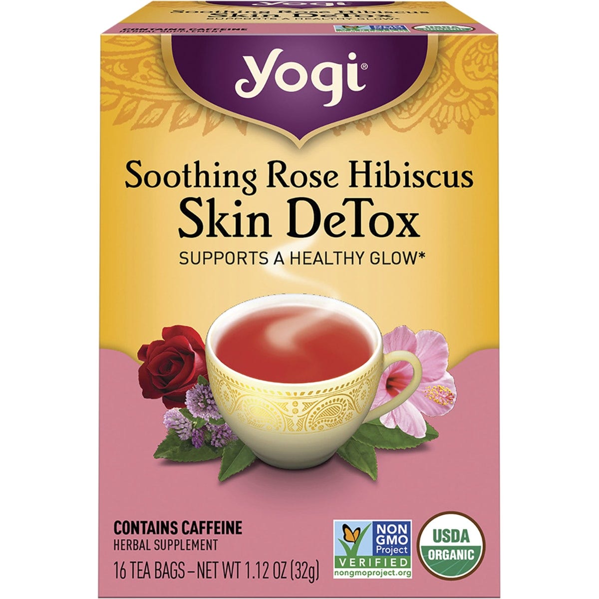16-pack box of Yogi Soothing Rose Hibiscus Skin DeTox organic green tea bags.