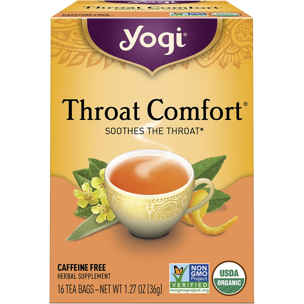 Box of 16 Yogi Throat Comfort herbal tea bags, featuring organic licorice root and slippery elm bark.