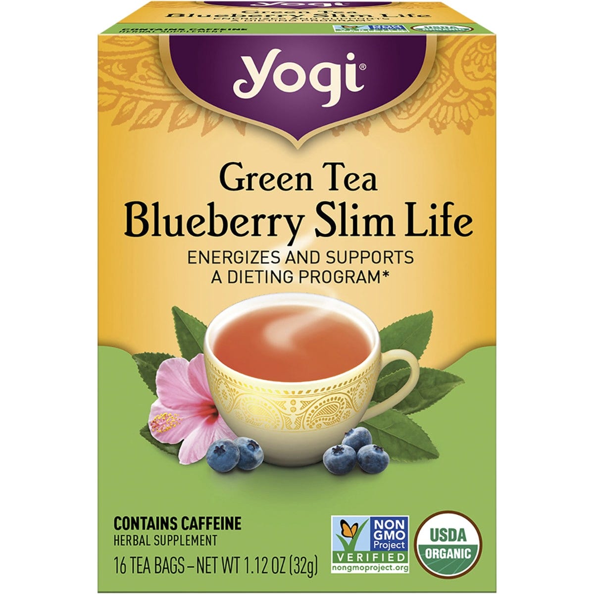 16-pack box of Yogi Green Tea Blueberry Slim Life with images of blueberries, hibiscus, and a cup of tea.