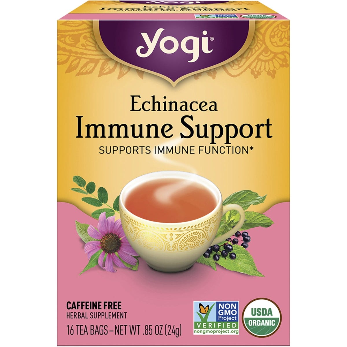 Box of 16 Yogi Echinacea Immune Support herbal tea bags. Certified organic, caffeine-free supplement.