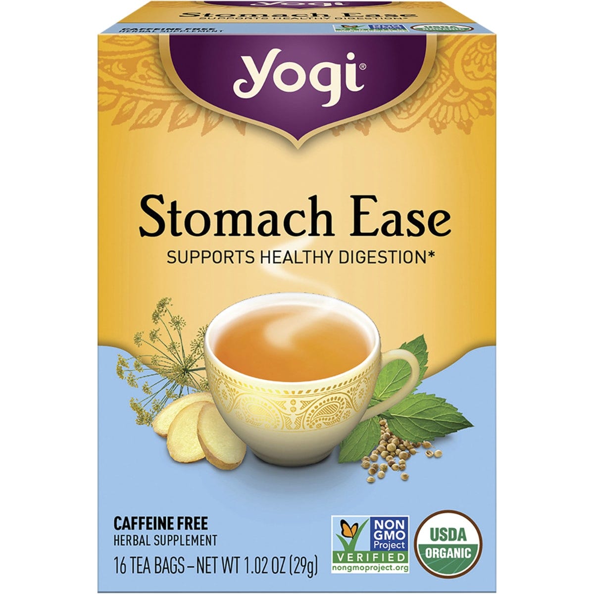 Box of 16 Yogi Stomach Ease organic herbal tea bags with fennel, licorice, and peppermint to support digestion.