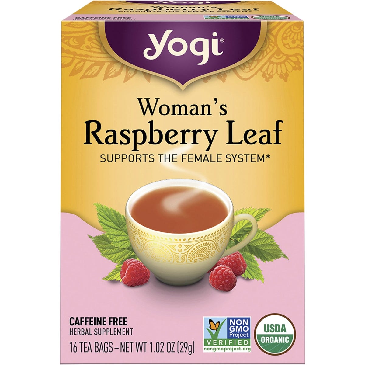 Box of 16 Yogi Woman's Raspberry Leaf herbal tea bags with organic, caffeine-free, and reproductive support labels.