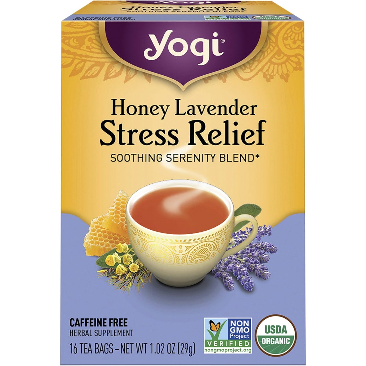Box of 16 Yogi Honey Lavender Stress Relief tea bags, featuring purple lavender flowers and a steaming cup of tea.
