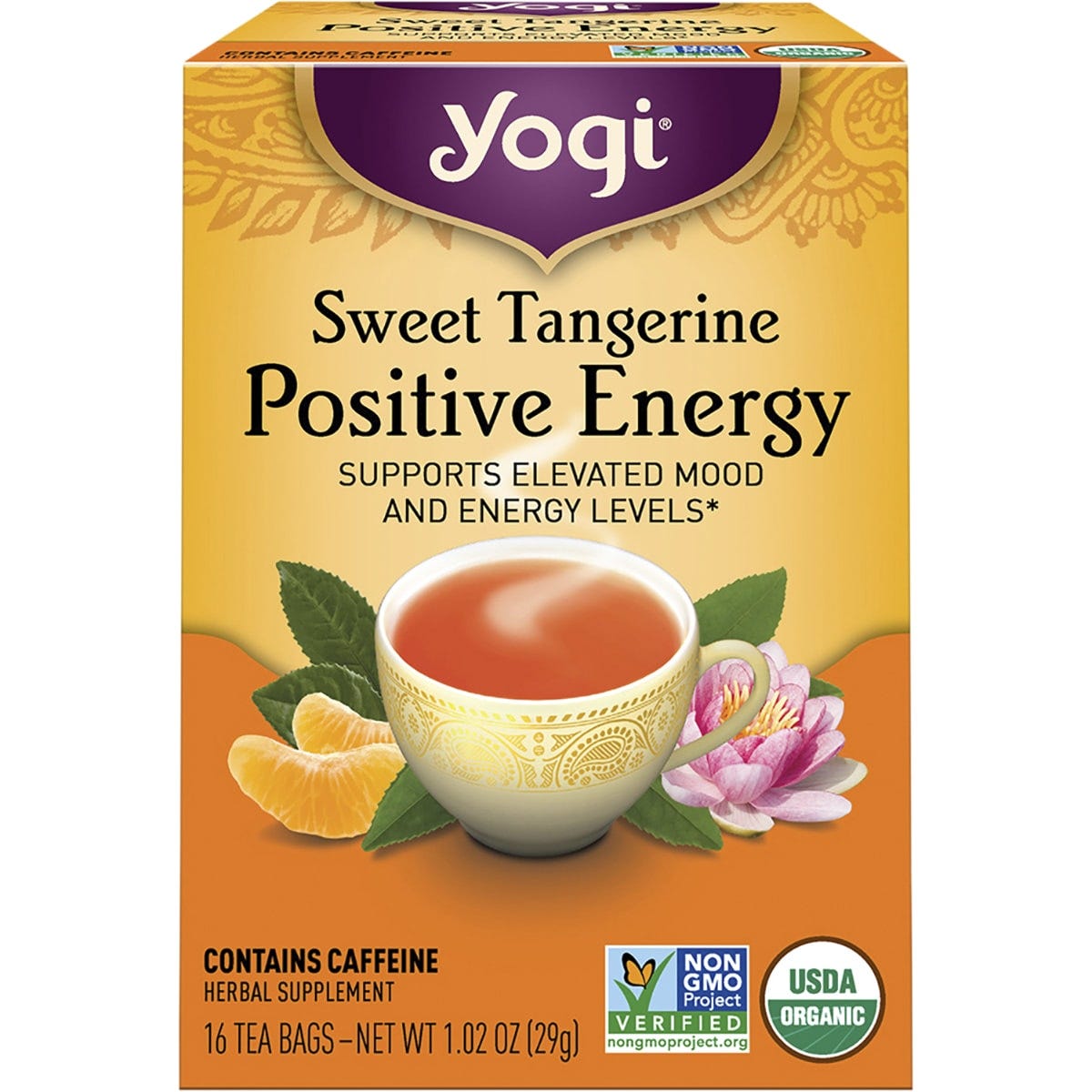 16-pack box of Yogi Sweet Tangerine Positive Energy tea, featuring citrus and floral illustrations on a white background.