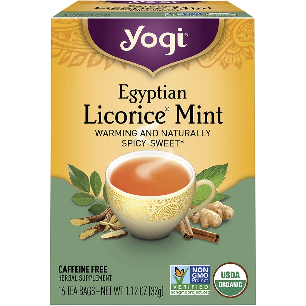 Yogi Egyptian Licorice Mint tea box featuring 16 organic bags with peppermint, cinnamon, and ginger.