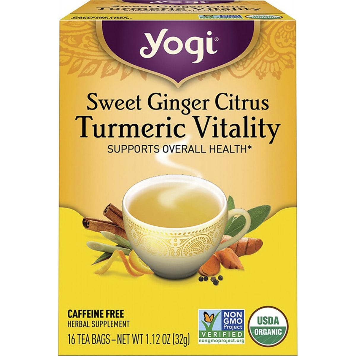 Yogi Sweet Ginger Citrus Turmeric Vitality tea box with 16 tea bags, featuring organic ingredients and lemon graphics.