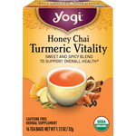 Yogi Honey Chai Turmeric Vitality tea box with 16 compostable bags, organic and caffeine-free for overall health.