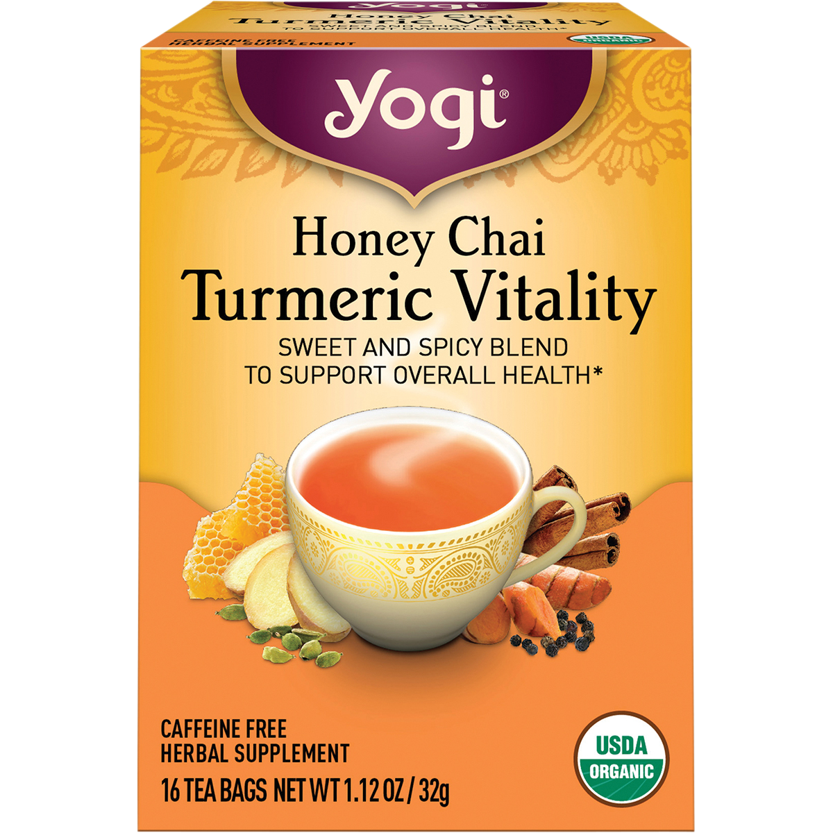 Yogi Honey Chai Turmeric Vitality tea box with 16 compostable bags, organic and caffeine-free for overall health.