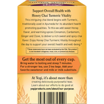 Back of Yogi Honey Chai Turmeric Vitality tea box with nutrition facts, ingredients, and Ayurvedic health benefits.
