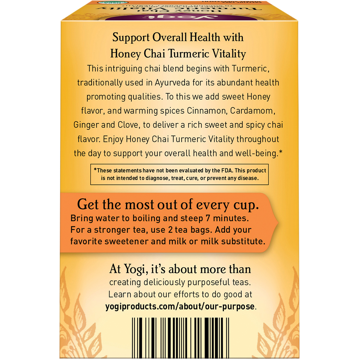 Back of Yogi Honey Chai Turmeric Vitality tea box with nutrition facts, ingredients, and Ayurvedic health benefits.