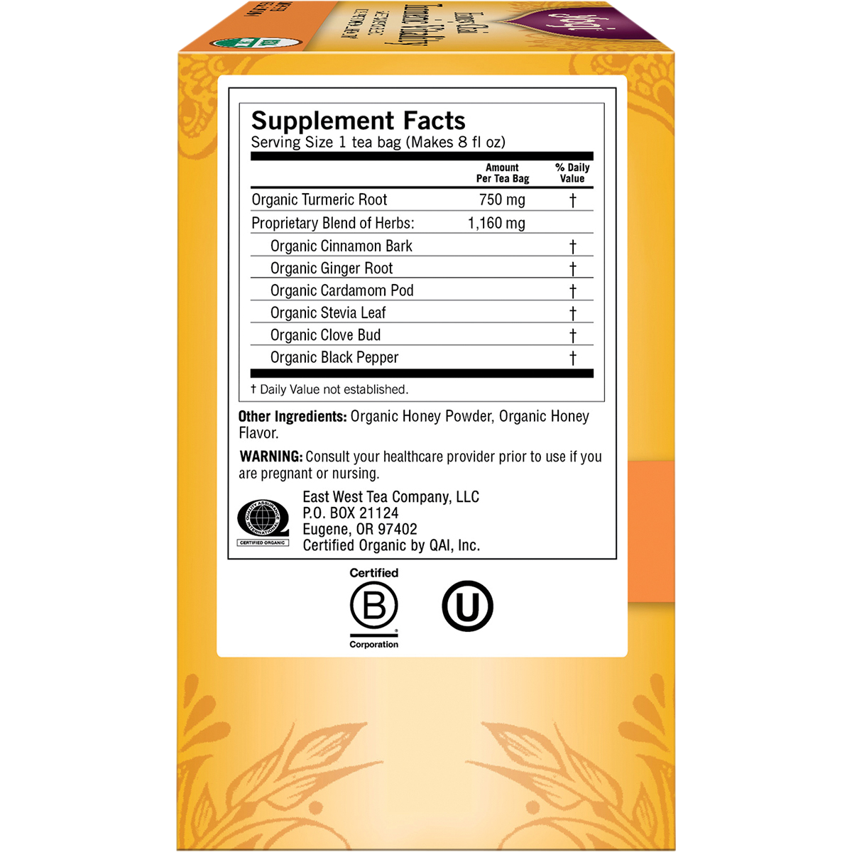 Right side of a Yogi Honey Chai Turmeric Vitality tea box featuring product benefits and a "Caffeine Free" label.