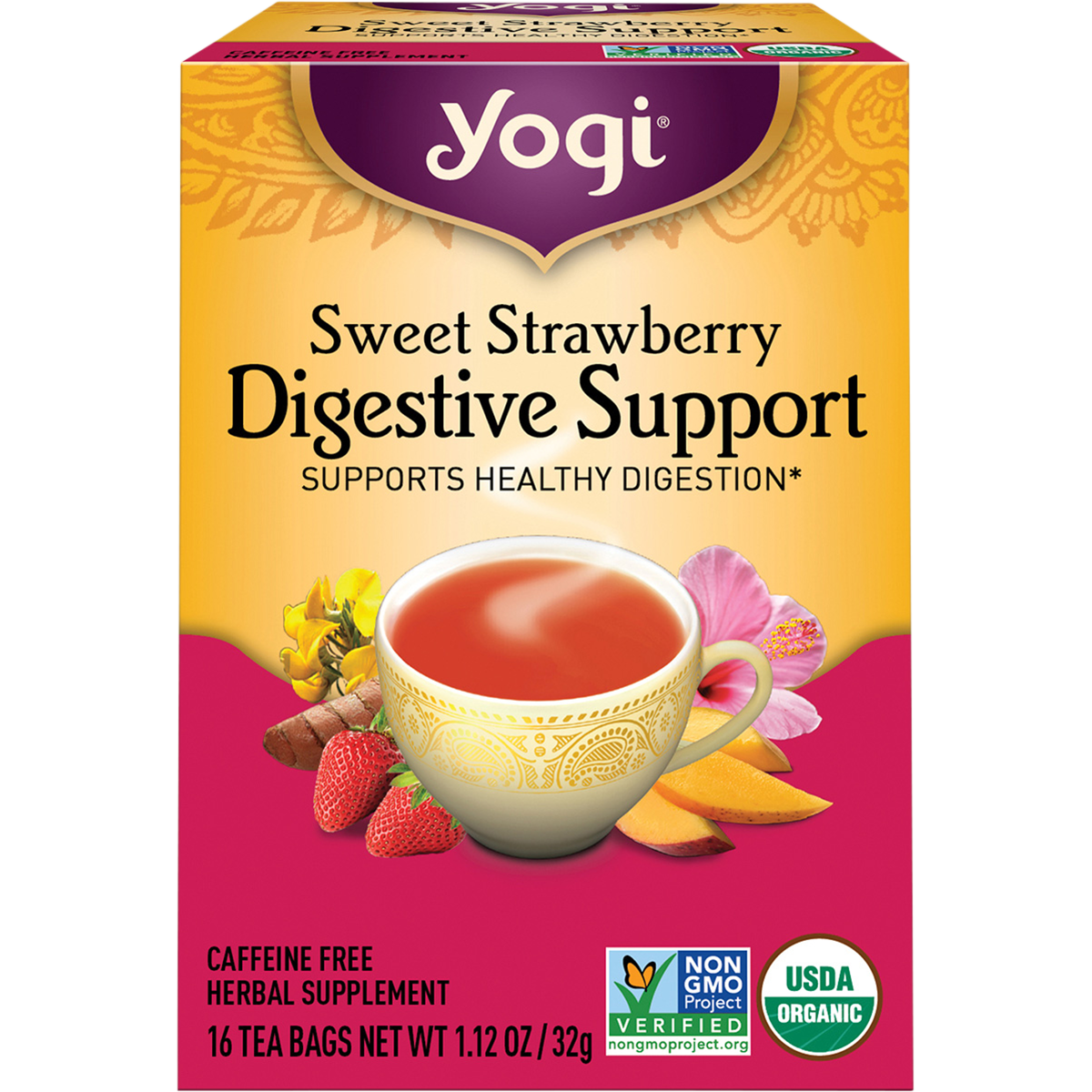 16 pack of Yogi Sweet Strawberry Digestive Support tea bags in a pink box featuring strawberry and mango illustrations.