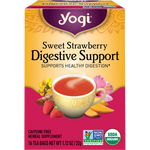16 pack of Yogi Sweet Strawberry Digestive Support tea bags in a pink box featuring strawberry and mango illustrations.