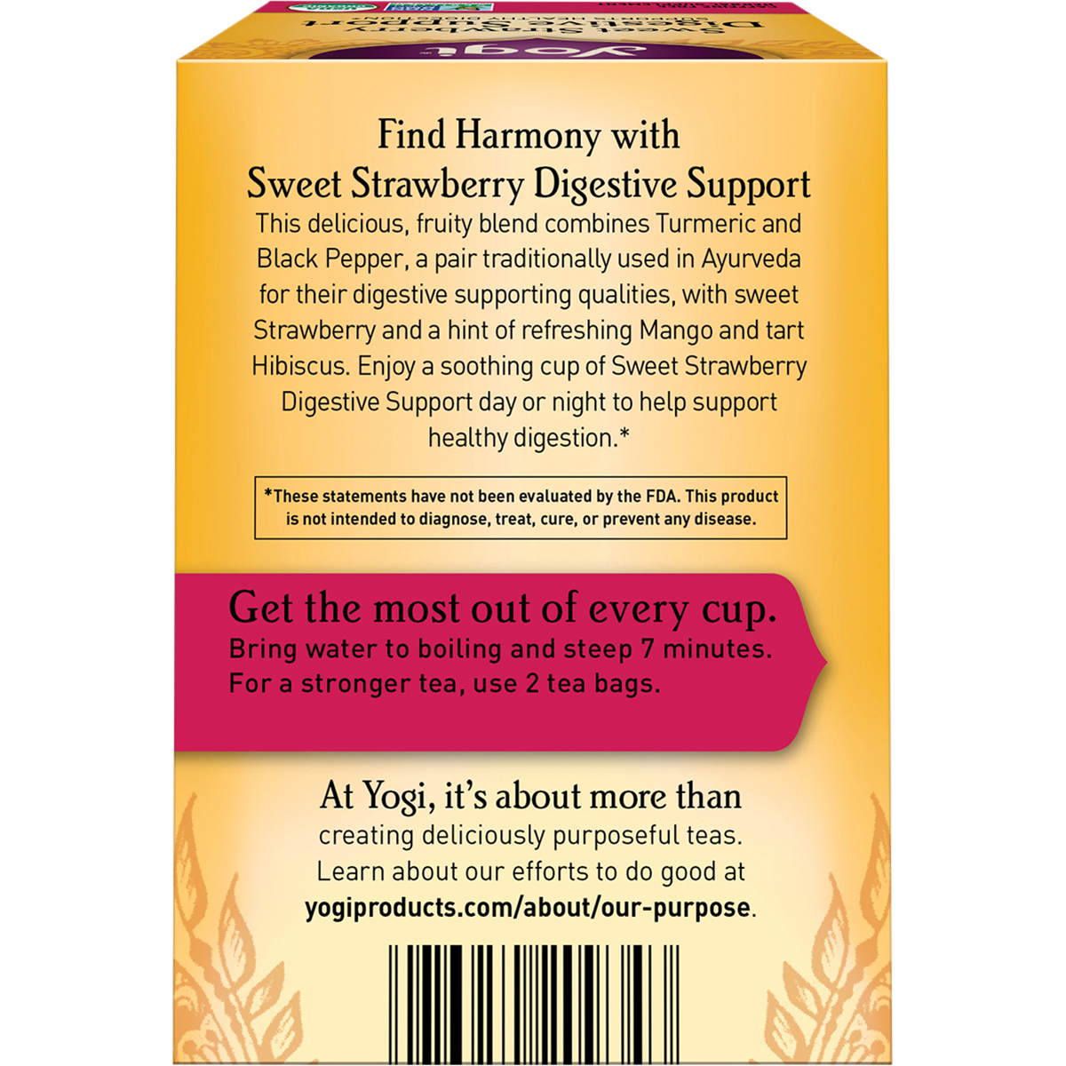 Back of Yogi Sweet Strawberry Digestive Support tea box with nutrition facts, ingredients, and brewing instructions.