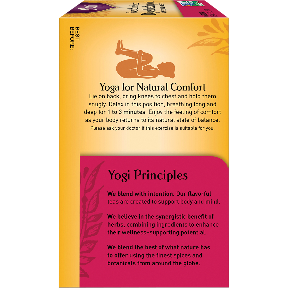 Left side of Yogi Sweet Strawberry Digestive Support tea box showing organic ingredients and Ayurvedic wellness principles.