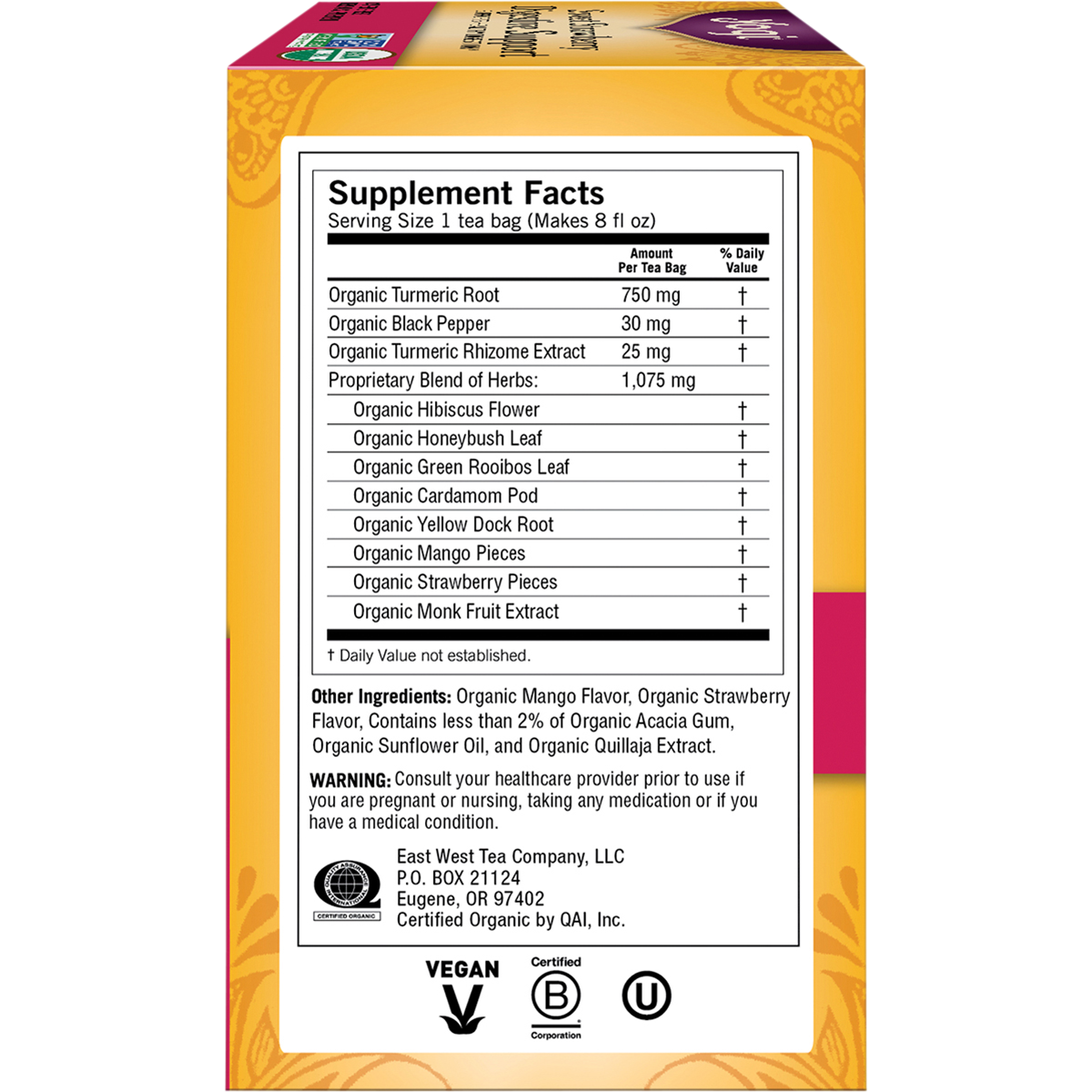Side view of Yogi Sweet Strawberry Digestive Support tea box showing product benefits and a "Caffeine Free" label.