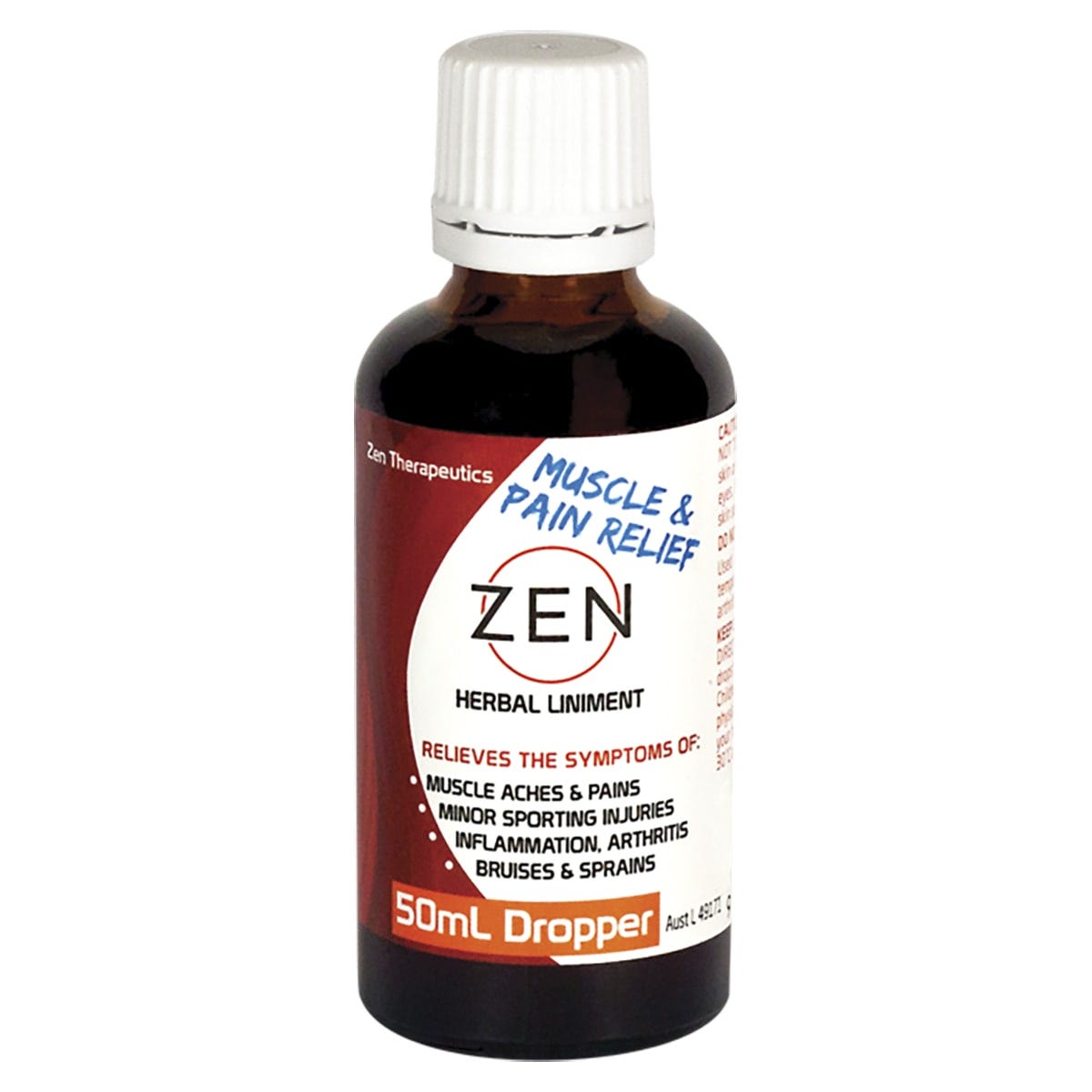 50ml bottle of Martin and Pleasance Zen Herbal Liniment with a dropper lid, used for natural joint and muscle pain relief.