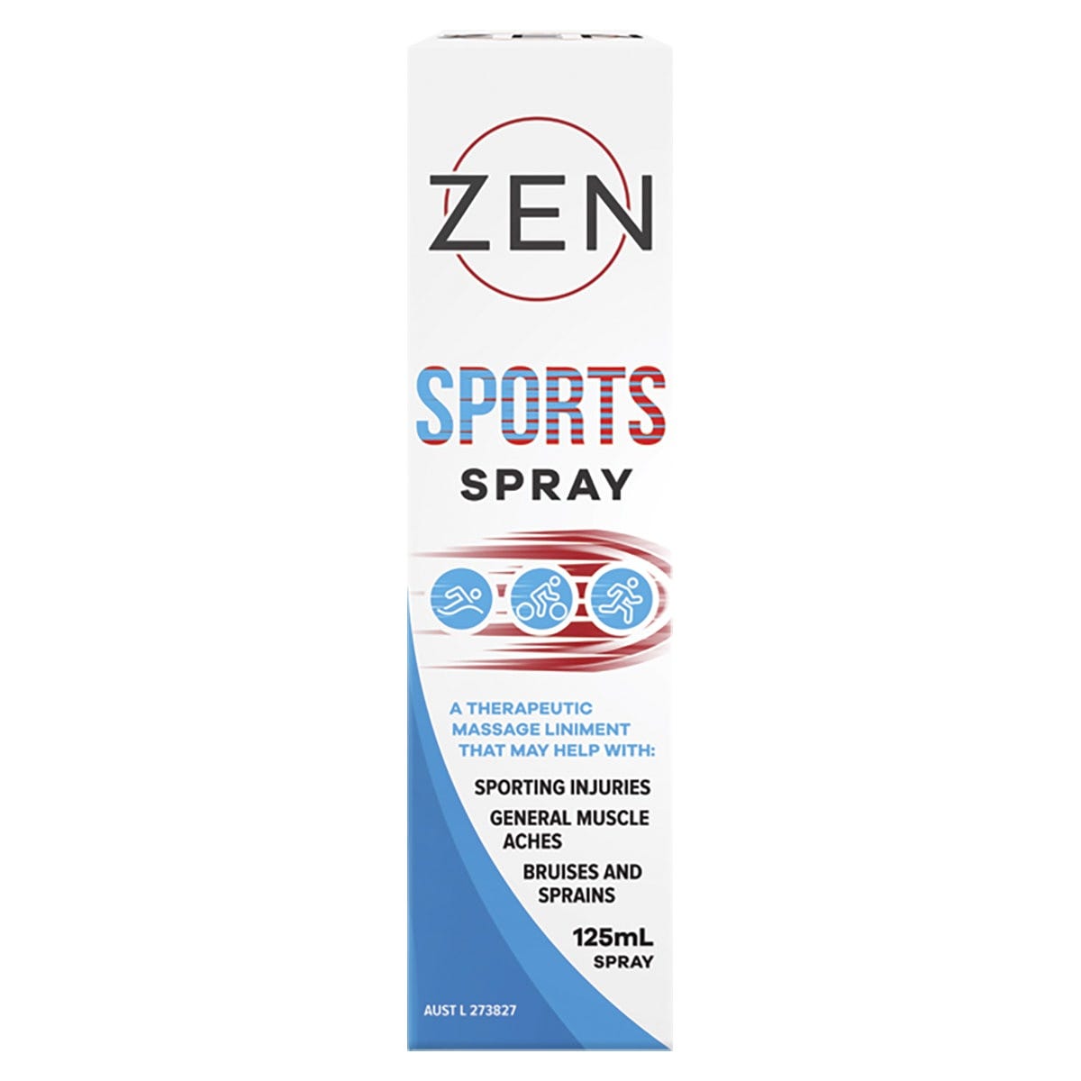 125ml bottle of Zen Sports Spray with a green label for muscle recovery and pain relief.