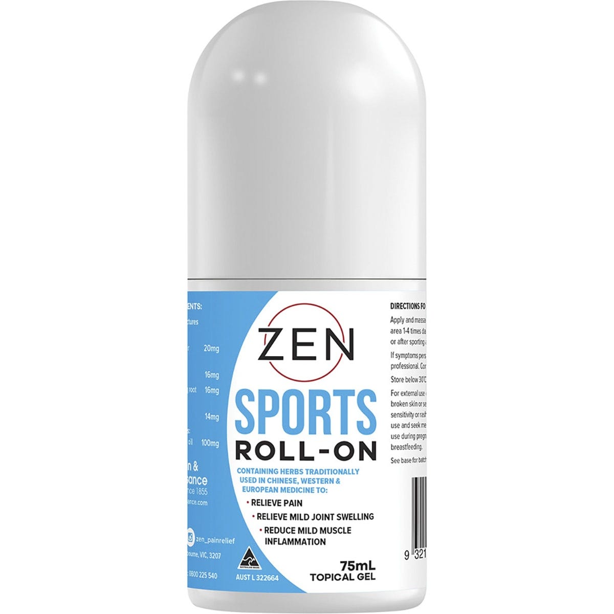 75ml Martin and Pleasance Zen Sports Roll-On bottle for muscle and joint pain relief on a white background.