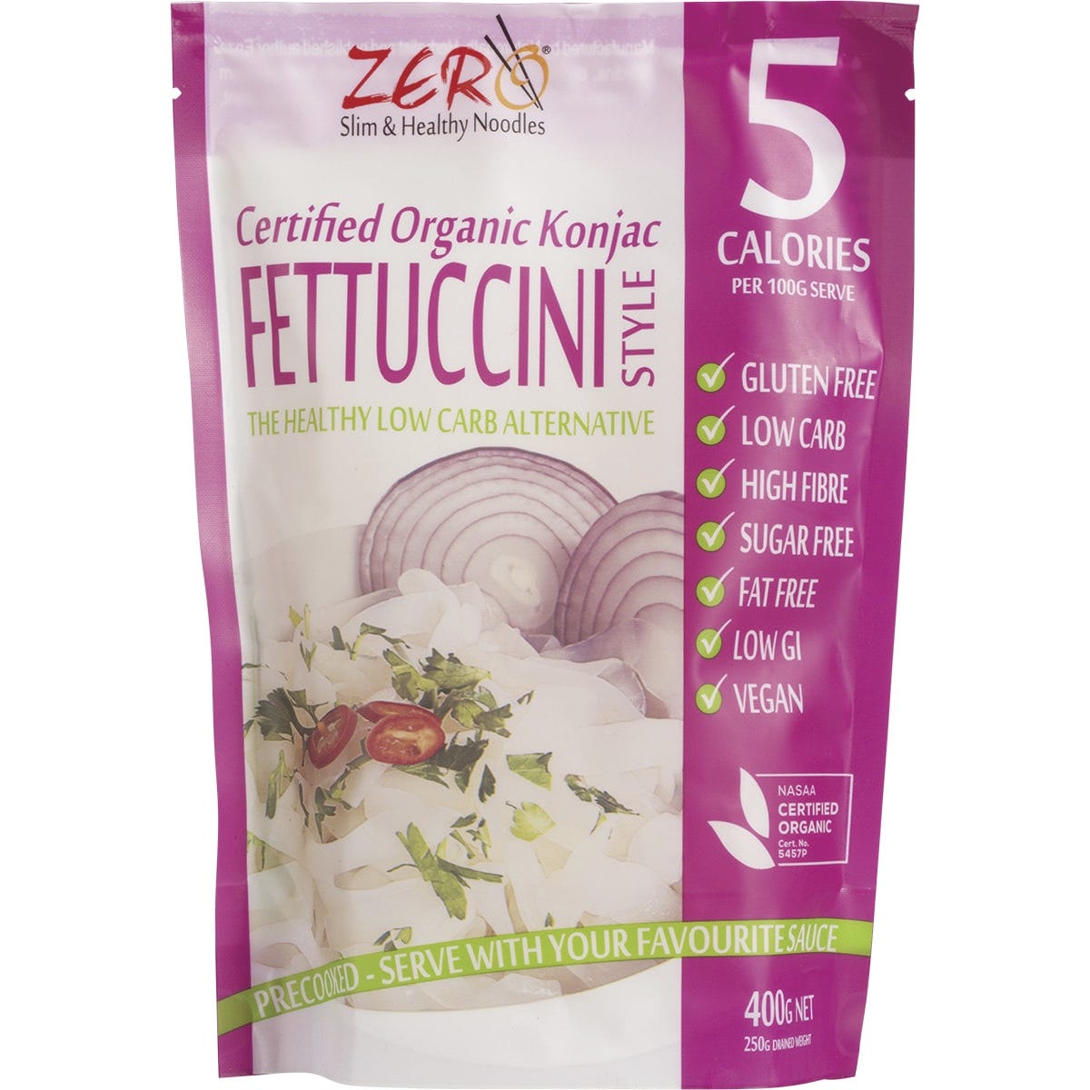 400g pouch of Zero Slim & Healthy Certified Organic Konjac Fettuccini Style noodles.
