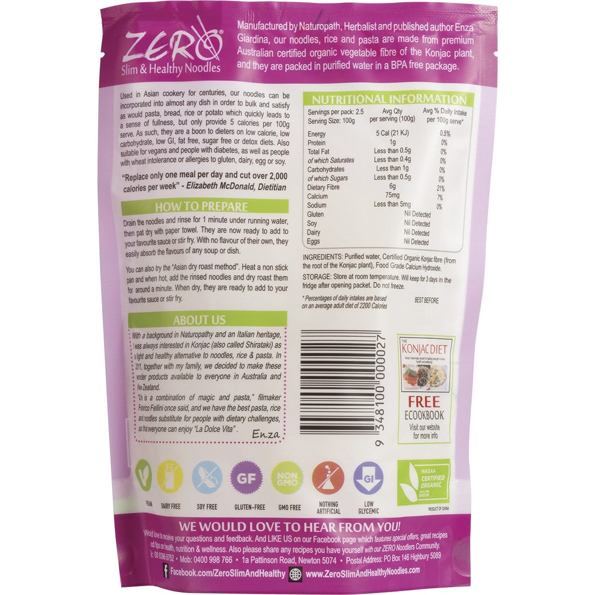 Back of 400g Zero Organic Konjac Fettuccini pack with nutrition facts, ingredients, and preparation instructions.
