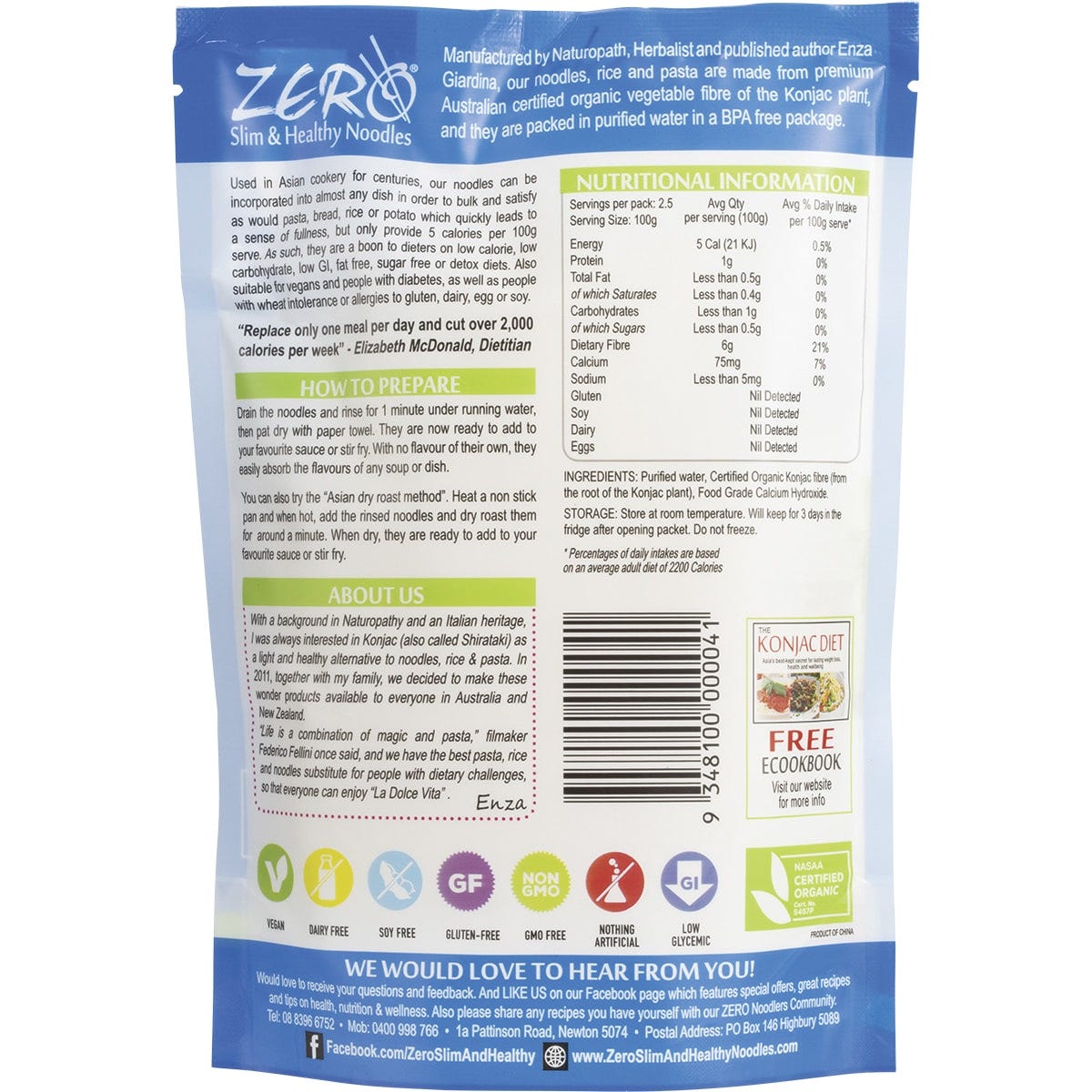 Back of 400g Zero Konjac Lasagna pack showing ingredients, nutritional information, and preparation instructions.
