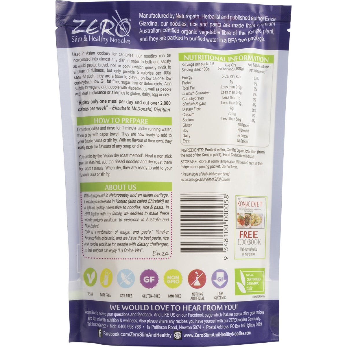 Back of Zero Slim & Healthy 400g Konjac Noodles pack with ingredients, nutritional info, and prep instructions.