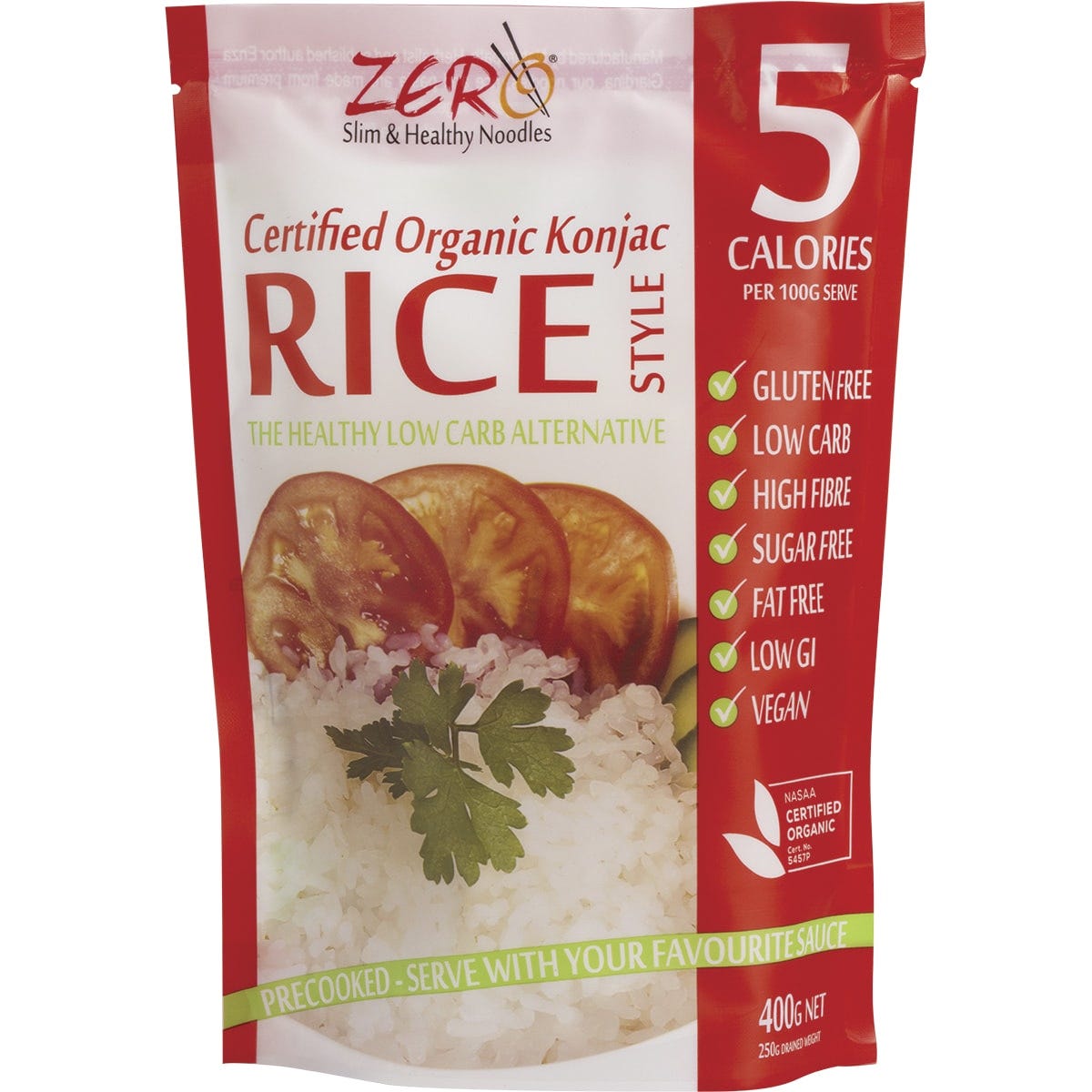 400g bag of Zero Slim & Healthy Certified Organic Konjac Rice Style on a white background.