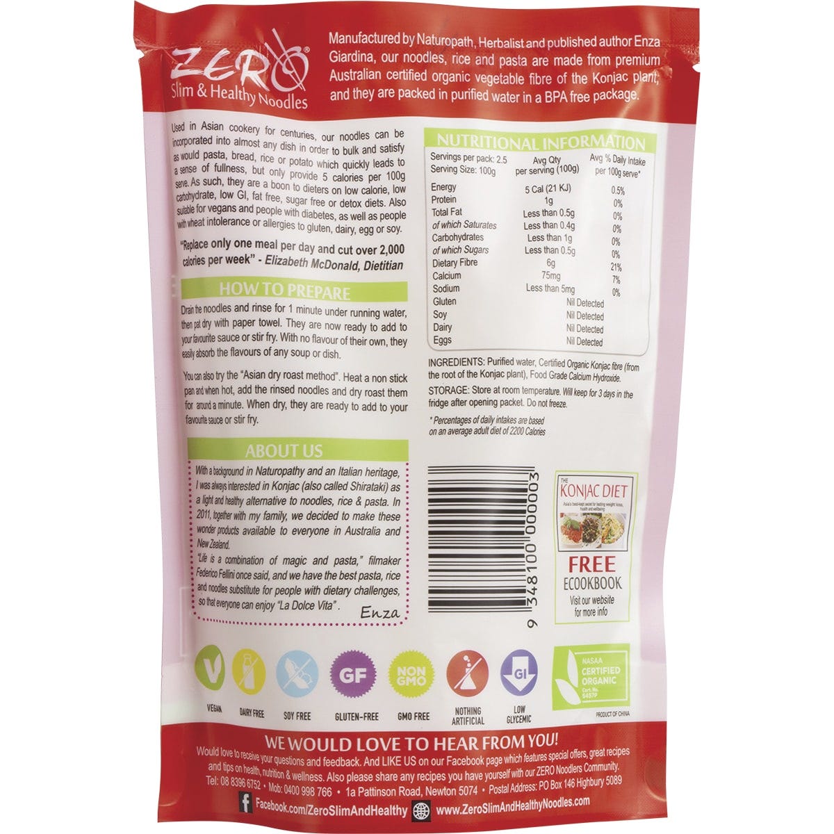 Back of Zero Organic Konjac Rice 400g bag with nutrition facts, ingredients, and cooking instructions.