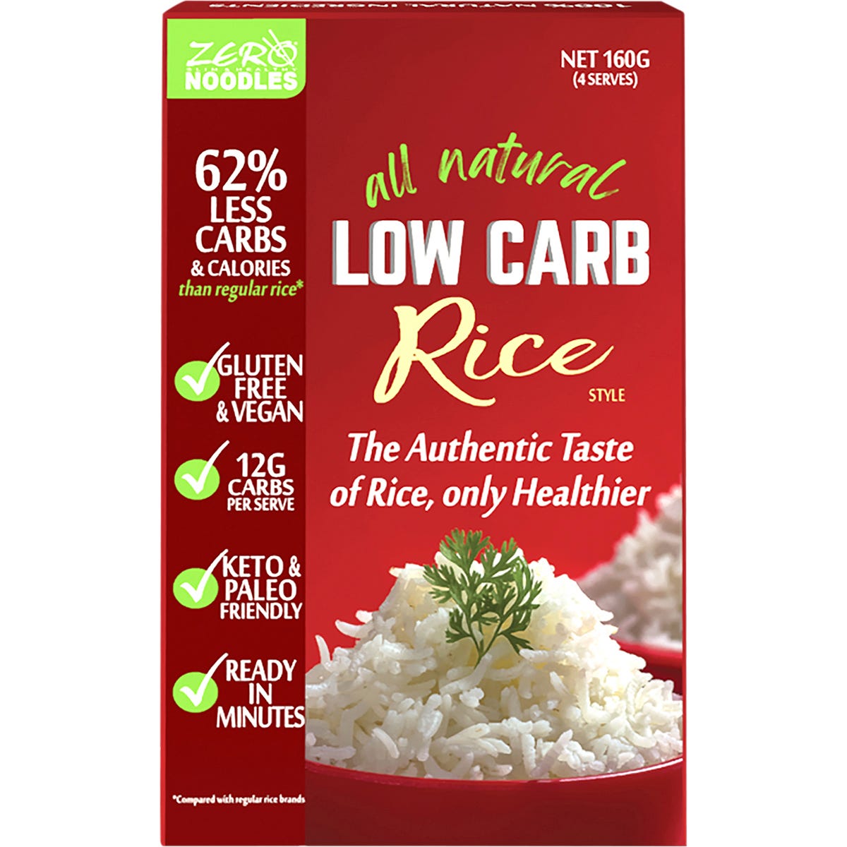 Zero Slim and Healthy Low Carb Rice 160g box featuring a white background and blue and orange text.