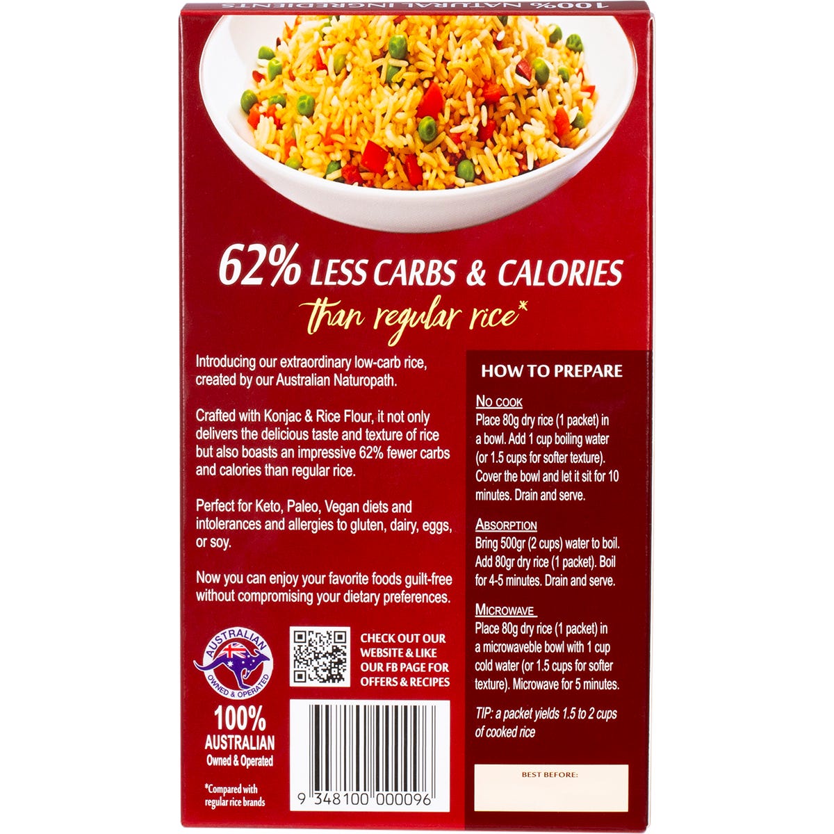 Back of Zero Low Carb Rice 160g box with nutrition facts, ingredients, and preparation instructions.