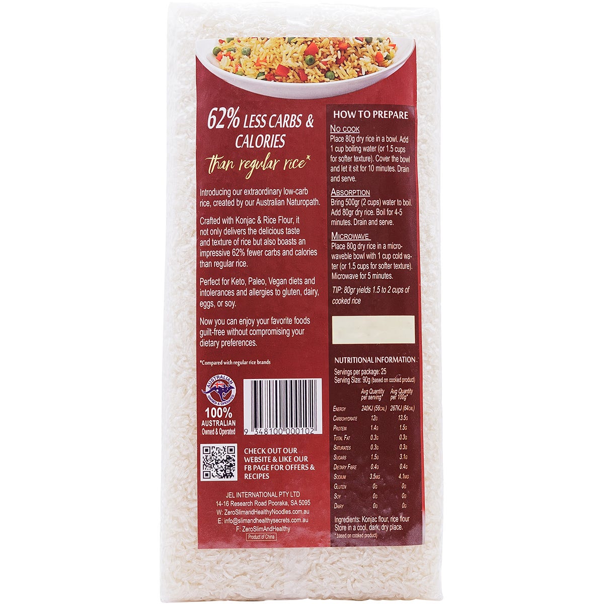Back of 1kg Zero Low Carb Rice pack with ingredients, storage, and preparation instructions.