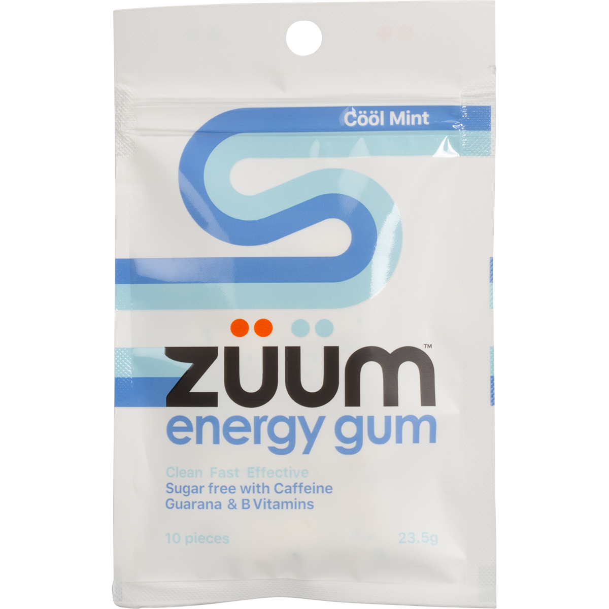 Zuum Energy Gum Cool Mint 10 pieces pack showing a blue wave design and active ingredients on a white background.