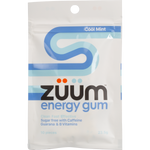 Zuum Energy Gum Cool Mint 10 pieces pack showing a blue wave design and active ingredients on a white background.