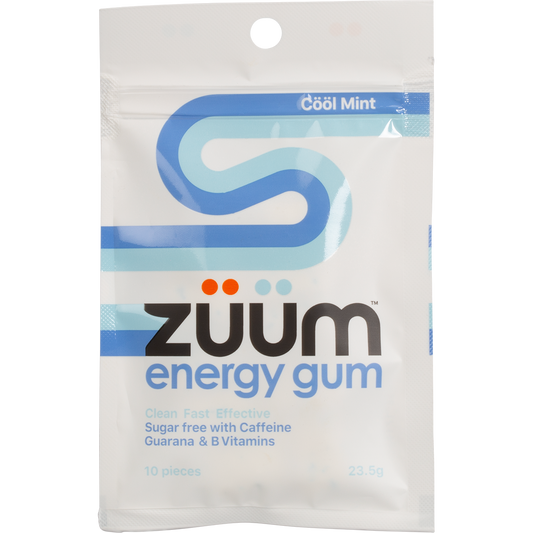 Zuum Energy Gum Cool Mint 10 pieces pack showing a blue wave design and active ingredients on a white background.