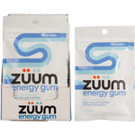 Zuum Energy Gum Cool Mint pack, back of pack, and loose gum pieces on a white background.