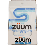 Zuum Energy Gum Cool Mint display box with multiple 10-piece packs on a white background.